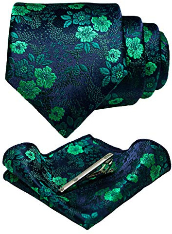 JEMYGINS Set Cravate Homme Motif Floral avec Pochette et Pince a Cravate pour Mariage Business et Ceremonie Vert/Bleu/Bleu Marine