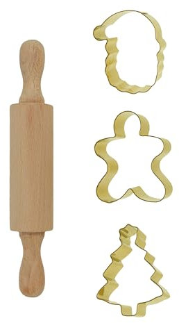Zenker Christmas Baking Set, 4 Pieces - Biscuit Cutter Set, Wooden Rolling Pin, Santa, Gingerbread Man, Christmas Tree Cookie Cutters, Gold