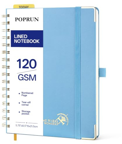 POPRUN Carnet de Notes A5 Ligné Cahier Spirale 120 g/m², Bleu Brume | Carnet Spirale Couverture Rigide, 141 Pages, Onglets Adhésifs, 8 Feuilles Détachables, pour Bullet Journaling, Travail, École