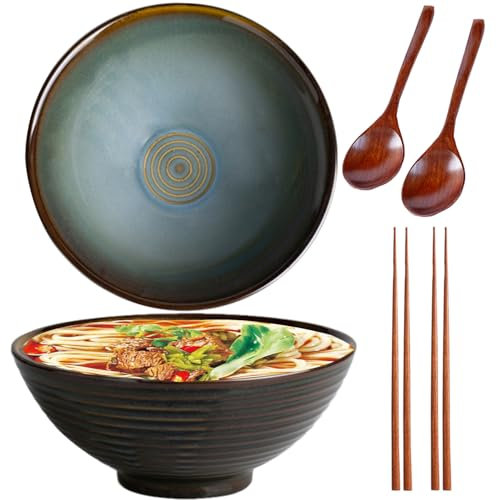 Sightday Ramen Set of 2, Ceramic Noodle Bowls with Spoons and Chopsticks, Vintage Green