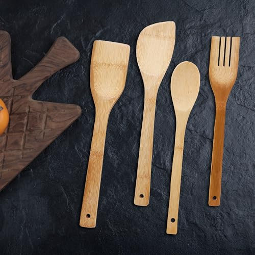 Set Utensili da Cucina in Bambù Naturale 30CM – 4 Pezzi: Paletta, Spatola, Cucchiaio, Forchettone – Accessori per Cucinare e Cuocere – Utensili Antigraffio per Pentole Antiaderenti