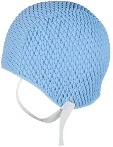Sporti Bubble Swim Cap with Chin Strap Comfortable Hair Protection and Secure Fit Vintage Swim Cap Design Sky Blue