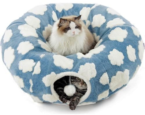 ERNAN Tubo Plegable Mascotas,Túnel para Gatos con 2 Formas,Cama para Túnel para Mascota, Conejos, Gatos y Perros, Interiores y Exteriores (Blue)