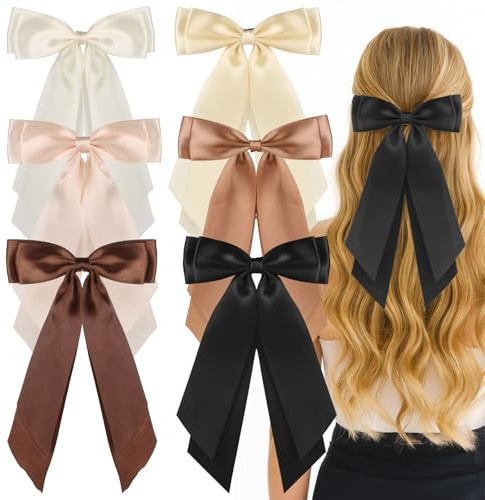6 PCS Satin Hair Bows for Women, 6 Colors Ribbon Bows with Long Tail, Ribbon Hair Clip for Women Girls Toddler