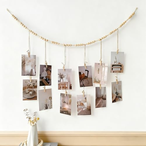 MYLERCT Colgar Fotos con Pinzas, Estilo-Bohemio Guirnalda Fotos Colocar, Colgador de Foto para Pared con Cuentas de Madera, con 12 Clips, para Dormitorios, Recámaras y Salas de Estar