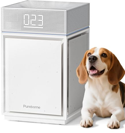 Pureborne Luftreiniger Allergiker für Schlafzimmer Zuhause, CADR 400m³/h für 260㎡, HEPA Luftfilter gegen Fellgeruch Staub Pollen PM2.5, Luftqualitätssensor & PM2.5-Display, Air Purifier PB6866, Weiß