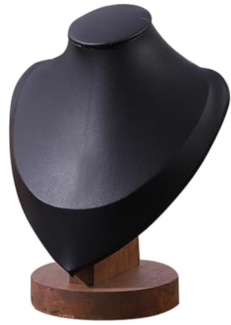 Jojomis Présentoir de Colliers Buste Support Bijoux avec Base en Bois et Surface Lisse, Porte-Bijoux en Cuir PU pour Pendentifs, Chaînes, Vitrine, Étagères- Noir Petit