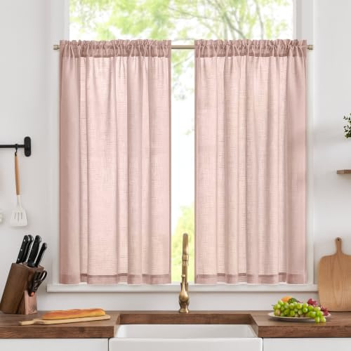 TOPICK Pink Kitchen Curtains 45 Inch Drop, Linen Look Cafe Curtain W36xL45 | 2 Panels, Rod Pocket Light Filtering Privacy Drapes, Half Window Curtain Tiers for Bedroom, Living Room, Cupboard Base, Sink