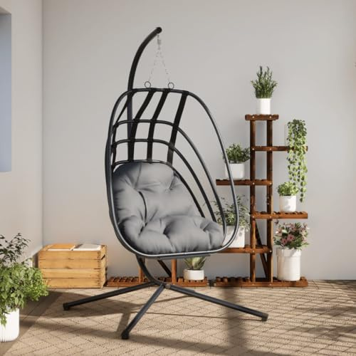 Ziaphsol Silla colgante con soporte de acero antracita con forma de huevo, incluye cojín de 104 x 100 x 197 cm para jardín, terraza, exterior, para columpios suaves y cómodos asientos