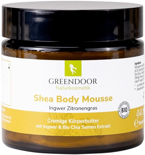 GREENDOOR Körperbutter Bodymousse Ingwer Zitronengras mit BIO Sheabutter 200ml im Glastiegel, extra reichhaltige Hautpflege, vegane Natur Body Butter, natürliche Haut Pflege Creme