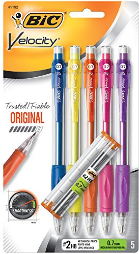 BIC Velocity Mechanical Pencils, With Colorful Barrel, Medium Point (0.7mm), 5-Count Pack Mechanical Pencils With Eraser and Lead Refills