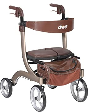 Drive Medical Nitro DLX Foldable Rollator Walker for Seniors & Adults - Hand Activated Brakes - Padded Seat - Storage Bag - 10 Inch Front Wheels - Folding Mobility Aid - Champagne