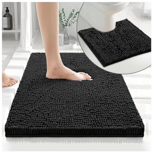 GC GAVENO CAVAILIA Soft Bath Mat Sets For Bathroom | 2 Piece Bath Mat Non Slip Back | Highly Water Absorbent & Fast Drying 100% Microfiber Chenille Toilet Rug with Pedestal Mat | Black