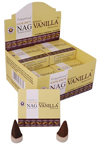 12 scatole da 10 Coni incenso golden nag vijayshree cinnamon 7 herbs lavander red rose reiki energy himaalaya white sage chandan vanille mantra temple 7 chakra (12 scatole Vanille)