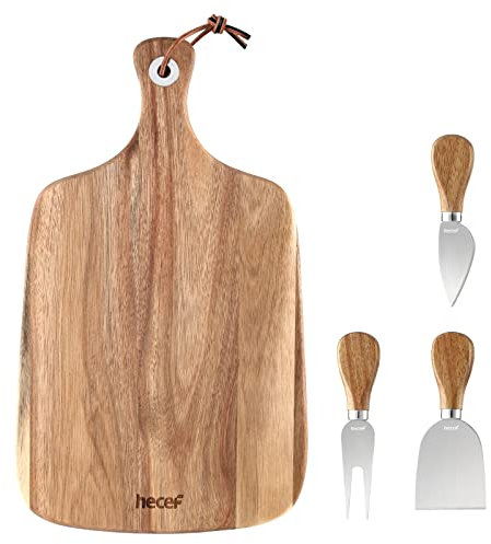 hecef Gourmet Essentials Cheese Board Gift Set - Large Acacia Wood Charcuterie Platte with 3 Knives -for Birthdays, Housewarming, Anniversaries & Weddings - Elegant Serving Tray for Entertaining