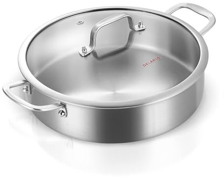 DELARLOCHEF Padella Profonda da 30 cm, Bordo Alto, Tri-Ply Acciaio Inossidabile, Compatibile con Induzione, Adatta per Forno, 6 Quarti