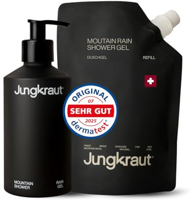 JUNGKRAUT Mountain Rain Duschgel Set für Männer, 300ml Aluflasche + 600ml Refill, natürlich, pH-neutral, vegan, feuchtigkeitsspendend, Bergwald-Duft, Swiss Made