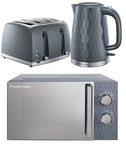 Russell Hobbs Honeycomb Grey Kitchen Set, 1.7L 2400W Kettle, 4 Slice Toaster with Dual Browning Levels & 17L 700W Microwave with 5 Power Levels, Defrost & Reheat Functions HCBNDL4G