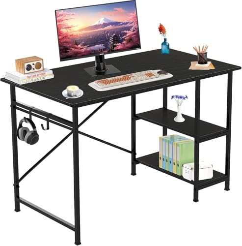 ROYHEN Escritorio,Mesa de Ordenador, con 2 Estante a la Izquierda o Derecha,Almacenamiento Oficina Esquina Reversible Desk para Estudio Trabajo Dormitorio Hogar,Negro