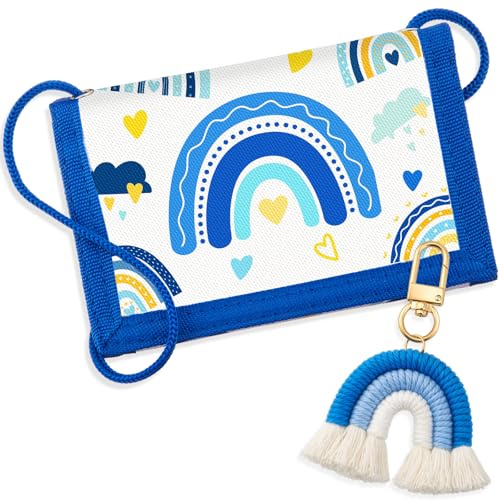 Hestya Monedero Infantil Carteras para Niños Chicas Bolsa de Cuello de Viaje con Llavero Billetera Plegable Triple con Diferentes Estampados Regalos de Cumpleaños (Arcoíris Boho Azul Cielo)