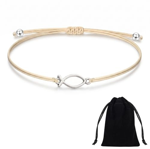 Bracelet de Baptême et Communion avec Pendentif Poisson Cordon Kaki, Cadeau Religieux pour Fille et Garçon avec Pochette en Velours, Souvenir de Célébration Chrétienne Porte-Bonheur