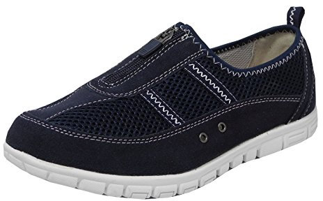 Womens Ladies X Wide EEE Fit Leather Mesh Shoes Slip On Trainers Pumps Zip Blue 7