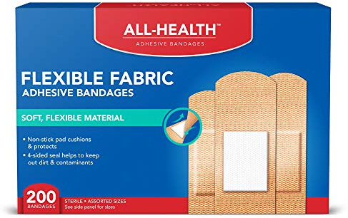 All Health Adhesive Fabric Bandages, 200 Count Assorted Sizes | Soft, Flexible Material | Protection for First Aid and Wound Care