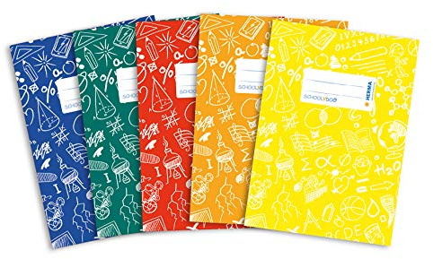 HERMA Exercise Book Cover A5 SCHOOLYDOO design, with inscription label, made of wipeable and sturdy plastic, slip on cover jackets for school, pack of 5, assorted colours