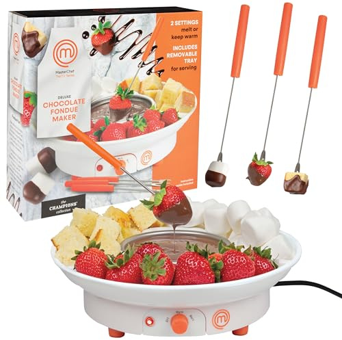MasterChef Chocolate Fondue Maker- Electric Dessert Fondue Pot Set w 4 Forks & Removable Party Serving Tray- Melt or Warm Settings for Caramel Treats, Cheese- Charcuterie Appetizers, Date Night Gift