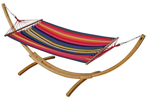 ALEOS. 350cm Hängemattengestell Natur - Rojo Hängematte mit Gestell aus Holz Lärche Natur mit bunter Stabhängematte JETZT mit roten Seilen