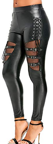 xxxiticat Women's Fishnet Lace Up Faux Leather Leggings Gothic Bandage Hollow Out Metal Buckle See Through Punk PU Pants, Black, XXL