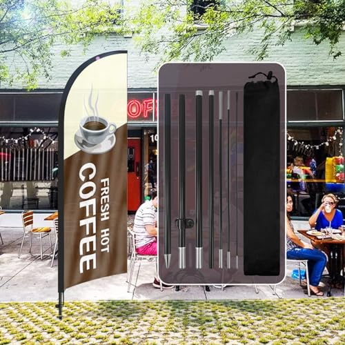 QSUM Drapeau Publicitaire Coffee 250 cm x 55 cm Noir pour Intérieur et Extérieur, 1 Poteau, 1 Piquet de Sol, 1 Ensemble
