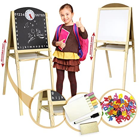 Leomark lavagna magnetica bifacciale 2 in 1 in legno - 109 cm (A) cavalletto regolabile, giocattolo educativo per bambini con accessori, giochi per imparare a scrivere alla scuola materna e casa