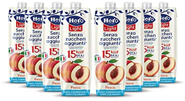 Hero Light Bevanda di Frutta Gusto Pesca, Succo di Frutta con Pochissime Calorie per Porzione, senza Zuccheri Aggiunti, Zero Conservanti, Zero Coloranti, 8 Bottiglie da 1 L