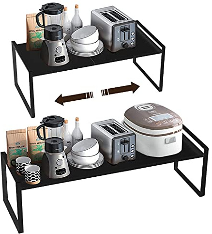 Isyunen Porta Piatti e Stoviglie Allungabile, Mensole Salvaspazio Cucina, Organizer Credenza in Metallo Nero