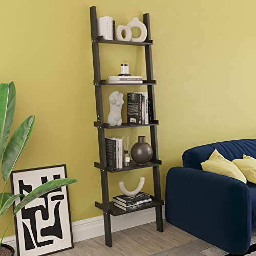 Vida Designs York 5 Tier Ladder Bookcase – Leaning Shelf Display Storage Unit with Open Shelves – Modern Bookshelf for Living Room, Bedroom or Home Office – Black – H 189 x W 56 x D 32.5 cm
