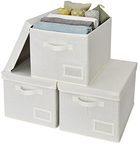 GRANNY SAYS White Storage Boxes With Lids, Pack of 3 Fabric Containers, Large Baskets for Shelves Organizing Towels, Toys, Jumpers