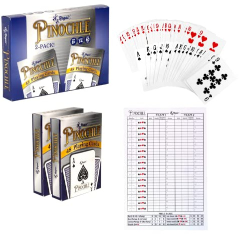 Regal Games Pinochle Playing Cards 2 Pack - Adult Card Game Set with Score Sheets & 2 Deck of Pinochle Cards - Family Fun Game Night - Ideal for 2-4 Person