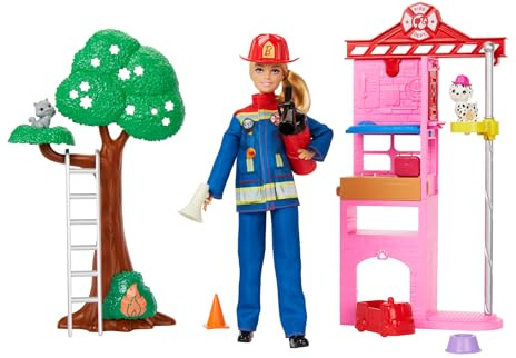 Barbie Careers Firefighter Doll & Playset with Fire Station & Tree, 2 Pets, Color-Change & 10+ Accessories Including Fire Extinguisher Squirt Toy