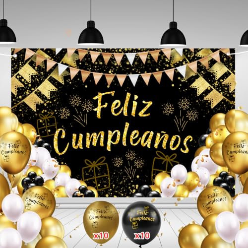 Pancarta Feliz Cumpleaños 110x180cm + 20 Globos | Cartel Decoración Fiesta Adulto Hombre Mujer | Photocall Cumpleaños | Telón Fondo con Cuerda | Adornos y Decoración