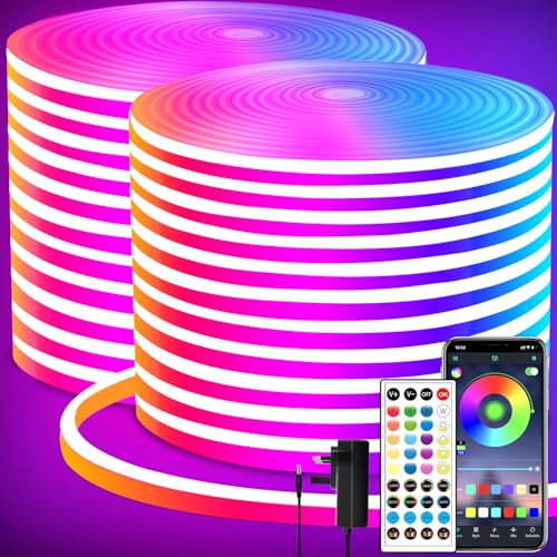 segrass LED neon Lights Strip 40M,DC 24V RGB neon Rope Light Strip APP Remote Controls Control Waterproof Flexible Neon LED Rope Lights for Bedroom,Playroom,Outdoors Decor（2 Rolls of 20M）