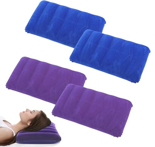 Pack of 4 Inflatable Velour Cushion, Air Cushion Pillow, Comfortable Travel Pillow, Camping Pillow, Neck Pillow, Beach Pillow, Inflatable Beach Pillow for Outdoor Travel, Hiking, Office