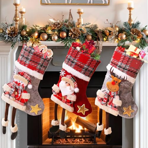 Nikolausstrumpf Kinder 3er Set, Klein Weihnachtsstrumpf Personalisiert Weihnachtssocken Kamin Nikolaus Socken Weihnachten Deko, Rot Grau Nikolausstiefel zum Befüllen Weihnachtsstrümpfe Weihnachtsdeko