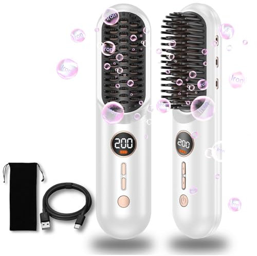 Ukliss Brosse Lissante Sans Fil, 9000 mAh Brosse Chauffante Lissante,Chauffante Ions Négatifs sans Fil, Anti-BrûLure Lisseur Cheveux Portable, USB Rechargeable,Peigne Chauffant Cheveux 140~200℃ Blanc