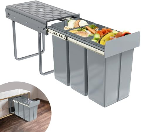 Suusolny Lot de 3 poubelles encastrées de 10 l - Système de tri sélectif extensible - Poubelle d'armoire - Anti-odeurs - Accès confortable pour la cuisine - Gris - 48 x 26 x 42 cm