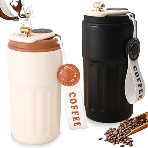 GOMETY 2 tazas de café para llevar con pantalla digital, 450 ml, taza térmica de café para llevar, de acero inoxidable 316, taza de viaje termo para coche, a prueba de fugas, con tapa y asa para agua