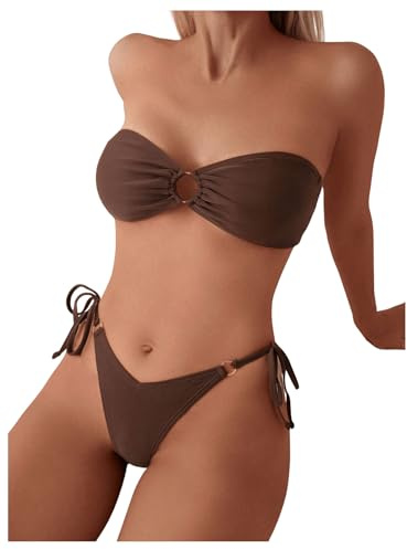 GORGLITTER Bandeau bikiniset axelbandslös bikiniöverdel tanga hög midja 2 delar strandmode, tvådelade baddräkter, bikinis med ring, Kaffebrun, M