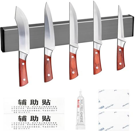 TOPCZY 30cm Stainless Steel Magnetic Knife Strip, Space Saving Wall Mounted Magnet, No Drilling Multipurpose Knife Utensil Bar, Adhesive Magnetic Kitchen Tool Holder for Scissors Cutlery
