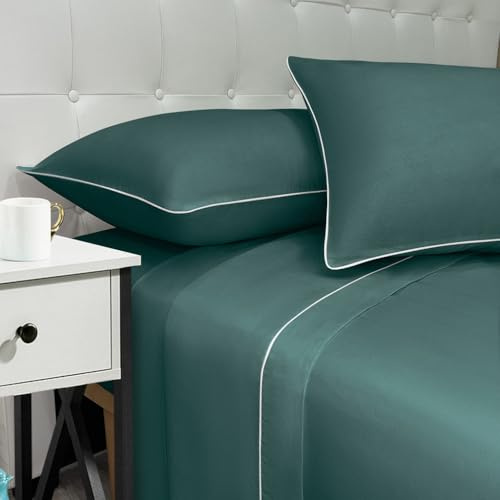 NARCISO - Lenzuola Matrimoniali 100% Cotone Made in Italy, Completo Letto Matrimoniale con Profilo Decorativo Look Moderno, Fantasia Tinta Unita in Varie Colorazioni di Design (Ottanio)