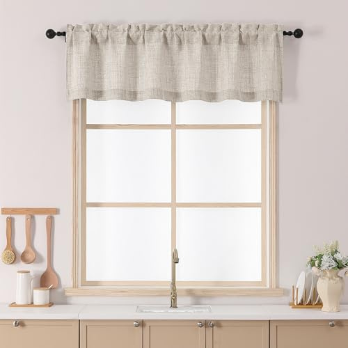 Chyhomenyc Valances for Windows, Light Filtering Faux Linen Slub Textured Small Kitchen Valance, Rod Pocket Top Window Valance Curtains for Bathroom Basement Farmhouse, 60Wx14L Inch, Linen Color
